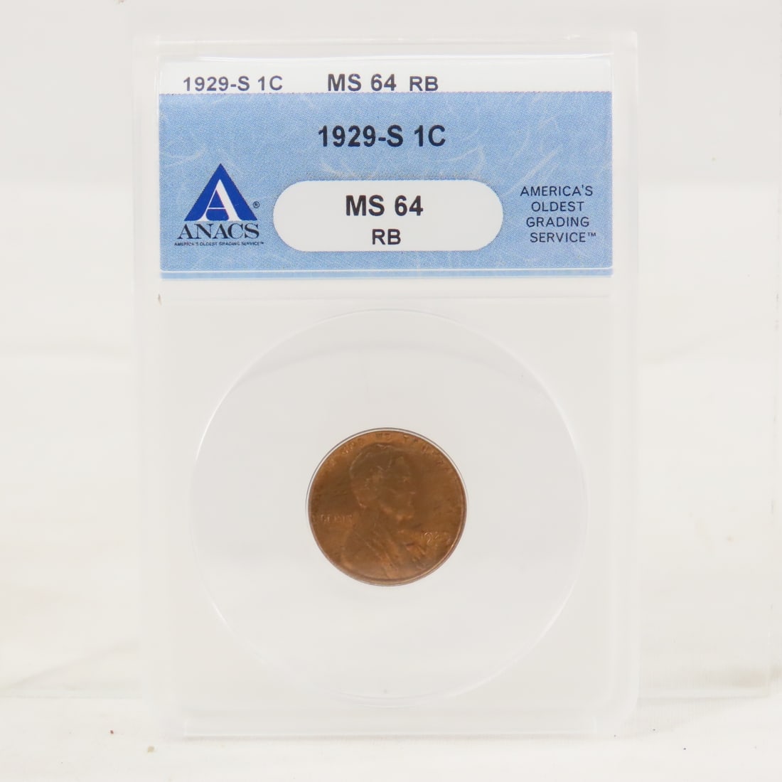 1929 S Lincoln Head Wheat Cent ANACS MS64RB: 1929 S Lincoln Head Wheat Cent ANACS MS64RB - Lot Size 4x3x1" 1 LB All information and photos are intended to be as accurate as possible, but errors are possible. No item may be returned or refused ba