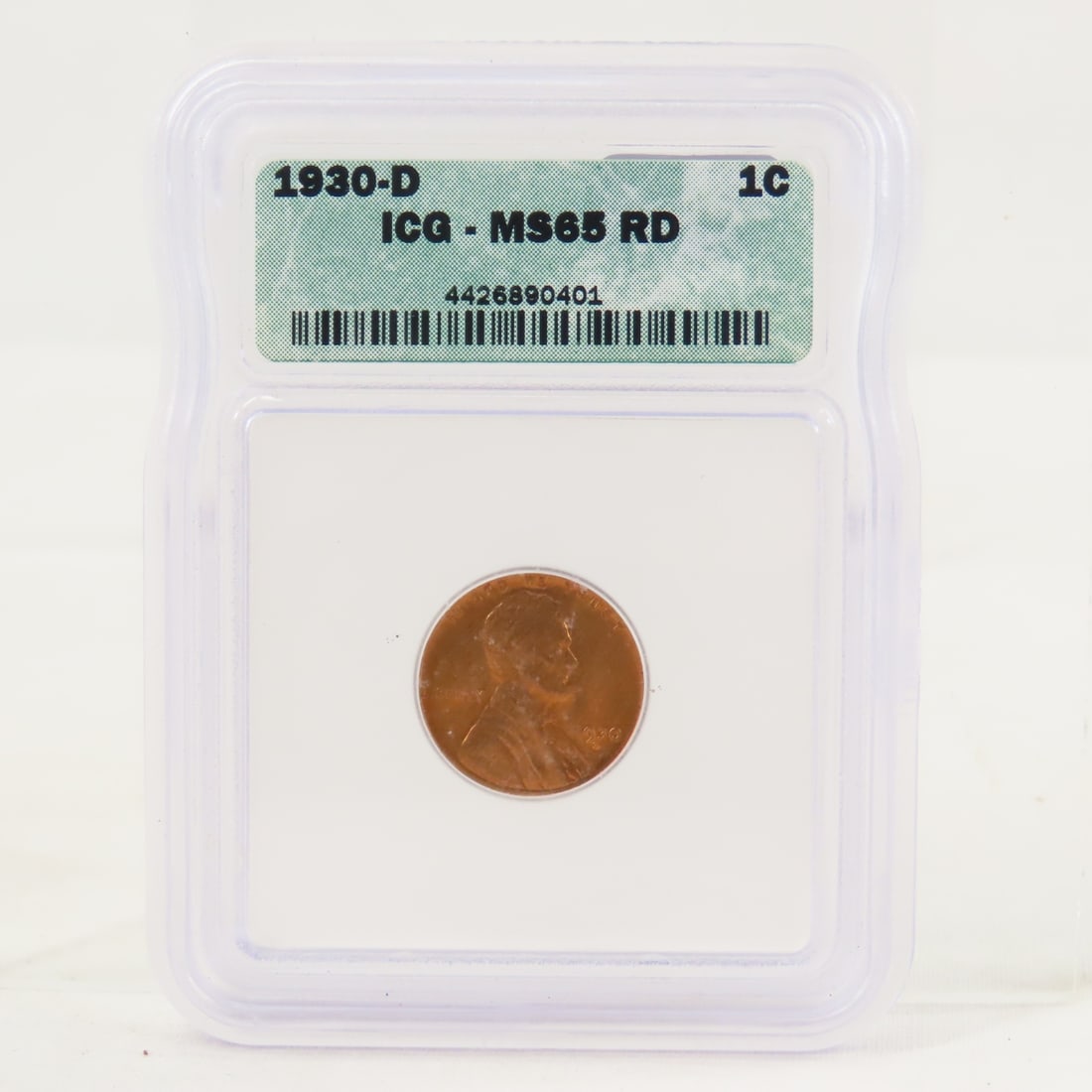 1930 D Lincoln Head Wheat Cent ICG MS65RD: 1930 D Lincoln Head Wheat Cent ICG MS65RD - Lot Size 4x3x1" 1 LB All information and photos are intended to be as accurate as possible, but errors are possible. No item may be returned or refused