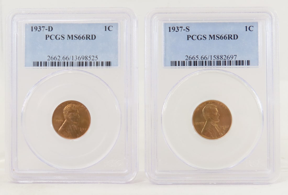 1937 S & D Lincoln Head Wheat Cents PCGS MS66RD: 1937 S & D Lincoln Head Wheat Cents PCGS MS66RD - Lot Size 4x3x1" 1 LB All information and photos are intended to be as accurate as possible, but errors are possible. No item may be returned or