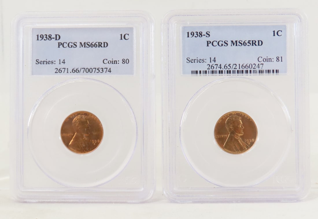 1938 S MS65RD & D MS66RD Lincoln Head Wheat Cents: 1938 S MS65RD & D MS66RD Lincoln Head Wheat Cents - Both PCGS Graded. Lot Size 4x3x1" 1 LB All information and photos are intended to be as accurate as possible, but errors are possible. No item may