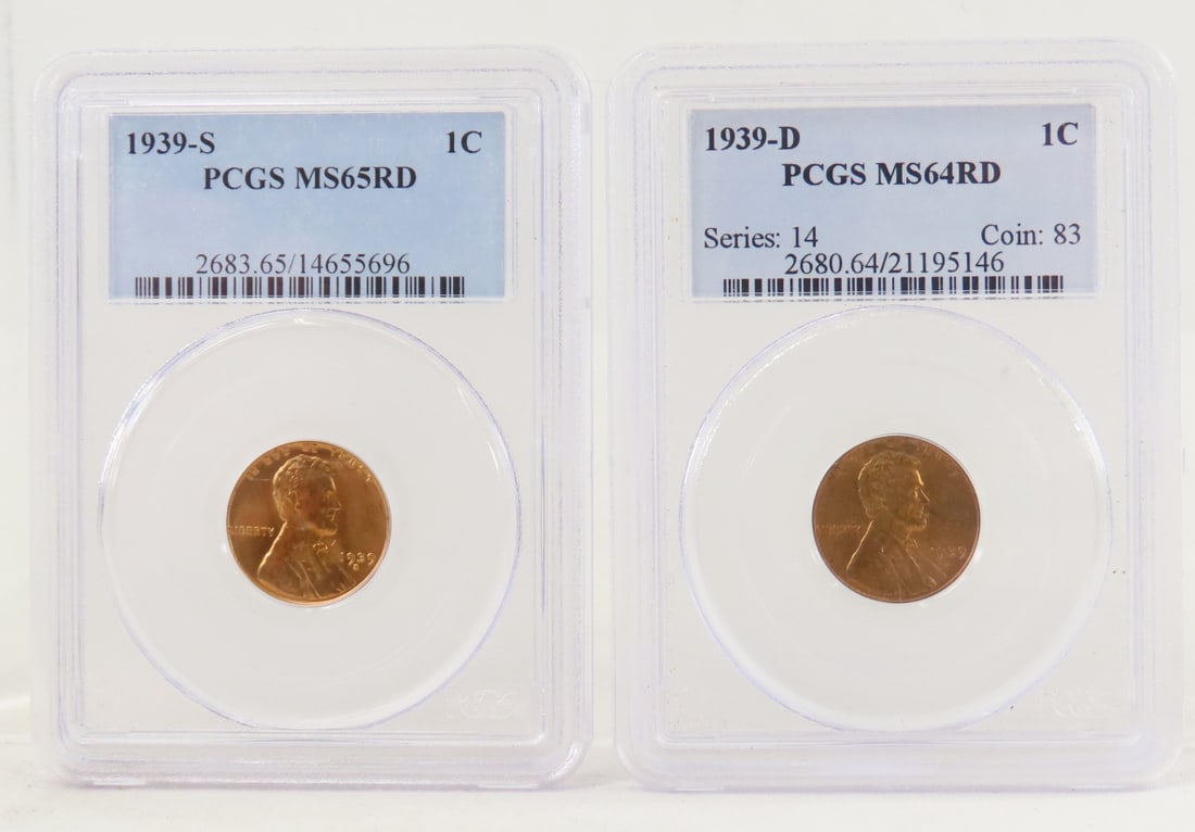 1939 S MS65RD & D MS64RD Lincoln Head Wheat Cents: 1939 S MS65RD & D MS64RD Lincoln Head Wheat Cents - Both PCGS Graded. Lot Size 4x3x1" 1 LB All information and photos are intended to be as accurate as possible, but errors are possible. No item may