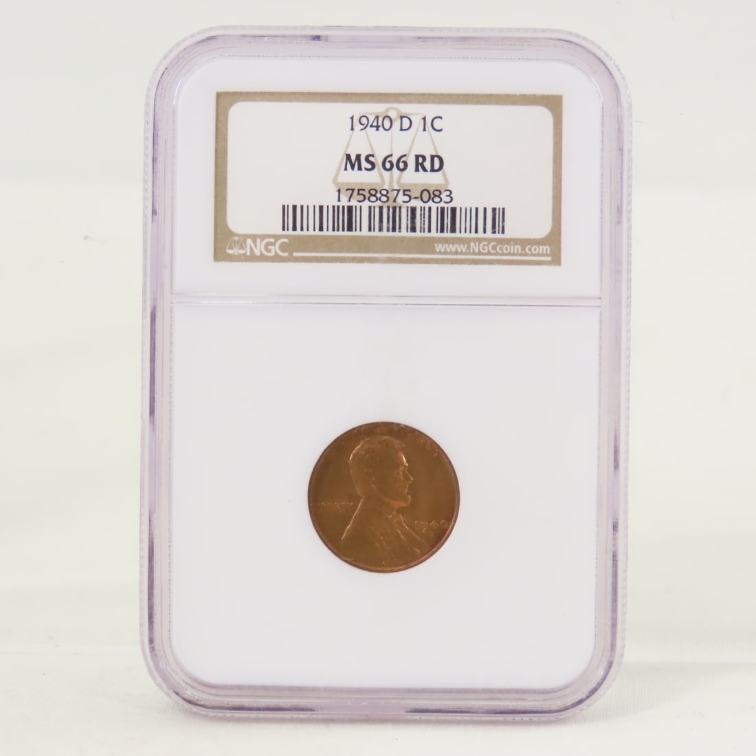 1940 D Lincoln Head Wheat Cent NGC MS66RD: 1940 D Lincoln Head Wheat Cent NGC MS66RD - Lot Size 4x3x1" 1 LB All information and photos are intended to be as accurate as possible, but errors are possible. No item may be returned or refused