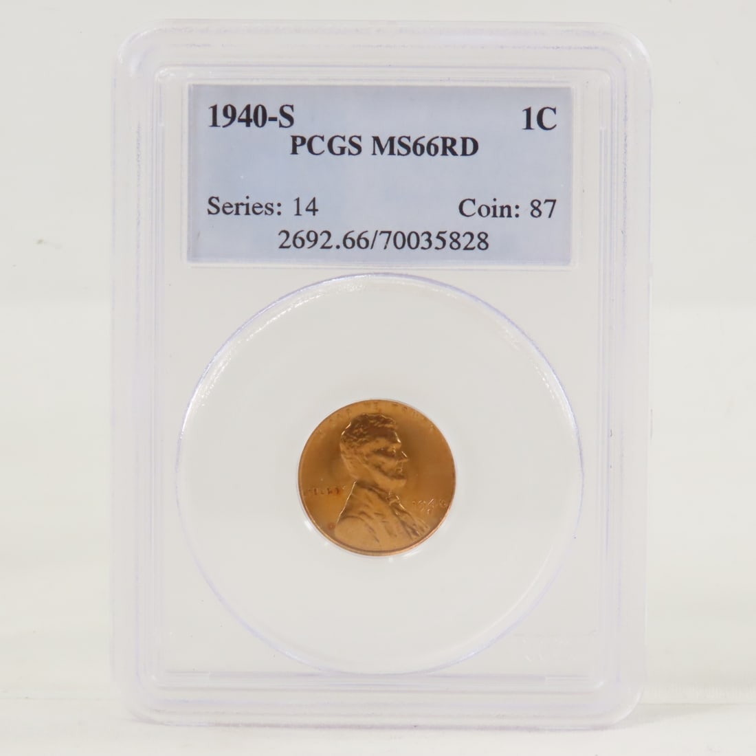1940 S Lincoln Head Wheat Cent PCGS MS66RD: 1940 S Lincoln Head Wheat Cent PCGS MS66RD - Lot Size 4x3x1" 1 LB All information and photos are intended to be as accurate as possible, but errors are possible. No item may be returned or refused