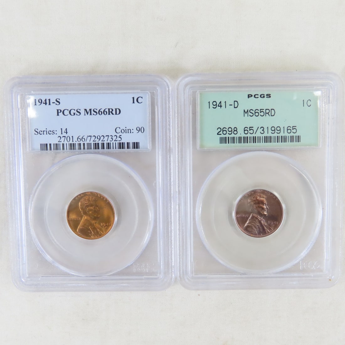 1941 S MS66RD & D MS65RD Lincoln Head Wheat Cents: 1941 S MS66RD & D MS65RD Lincoln Head Wheat Cents - Both PCGS Graded. Lot Size 4x3x1" 1 LB All information and photos are intended to be as accurate as possible, but errors are possible. No item may