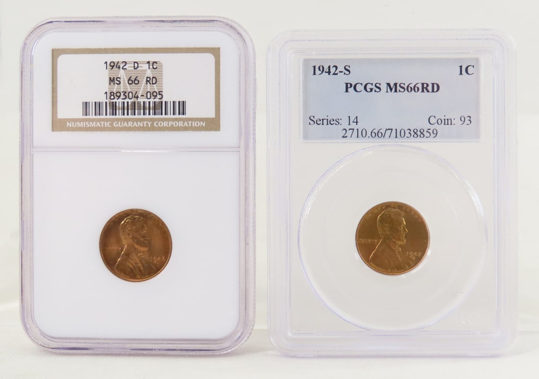 1942 S MS66RD & D MS66RD Lincoln Head Wheat Cents: 1942 S MS66RD & D MS66RD Lincoln Head Wheat Cents - 1942 S PCGS graded, 1942 D NGC Graded. Lot Size 4x3x1" 1 LB All information and photos are intended to be as accurate as possible, but errors are