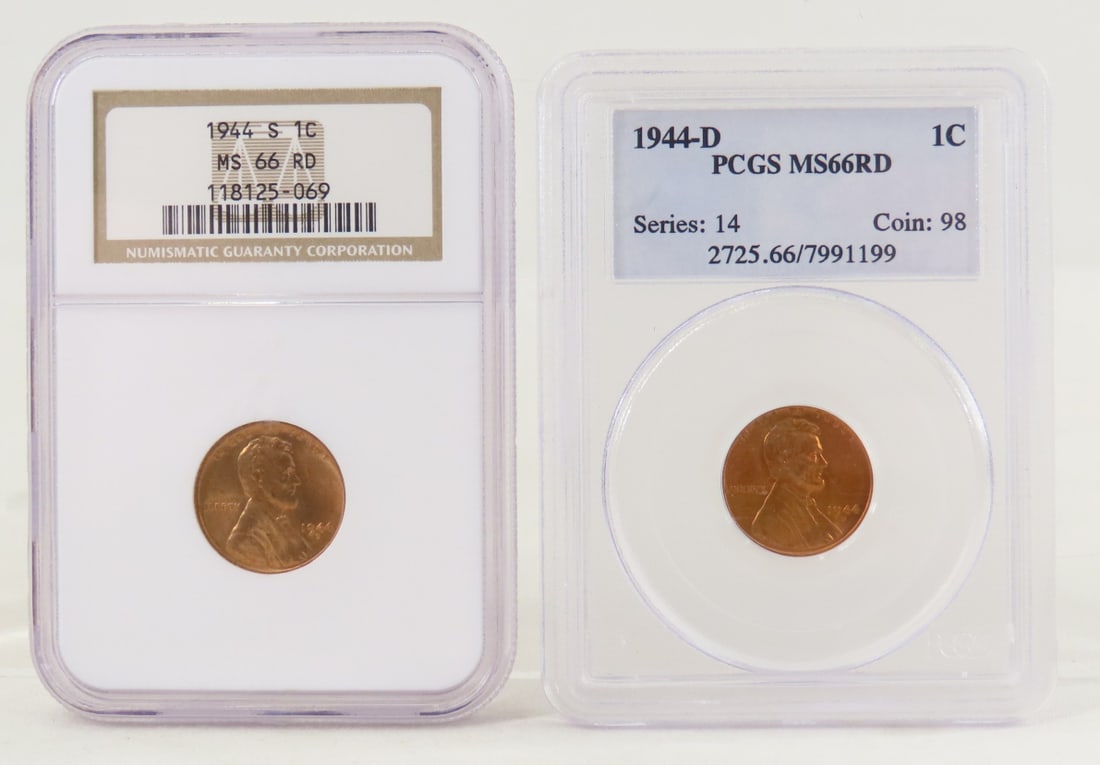 1944 S MS66RD & D MS66RD Lincoln Head Wheat Cents: 1944 S MS66RD & D MS66RD Lincoln Head Wheat Cents - 1944 D PCGS graded, 1944 S NGC Graded. Lot Size 4x3x1" 1 LB All information and photos are intended to be as accurate as possible, but errors are