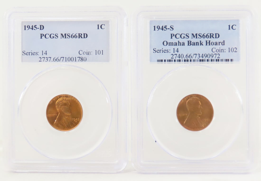 1945 S MS66RD & D MS66RD Lincoln Head Wheat Cents: 1945 S MS66RD & D MS66RD Lincoln Head Wheat Cents - Both PCGS graded. 1944 S PCGS MS66RD Omaha Bank Hoard.. Lot Size 4x3x1" 1 LB All information and photos are intended to be as accurate as possible,