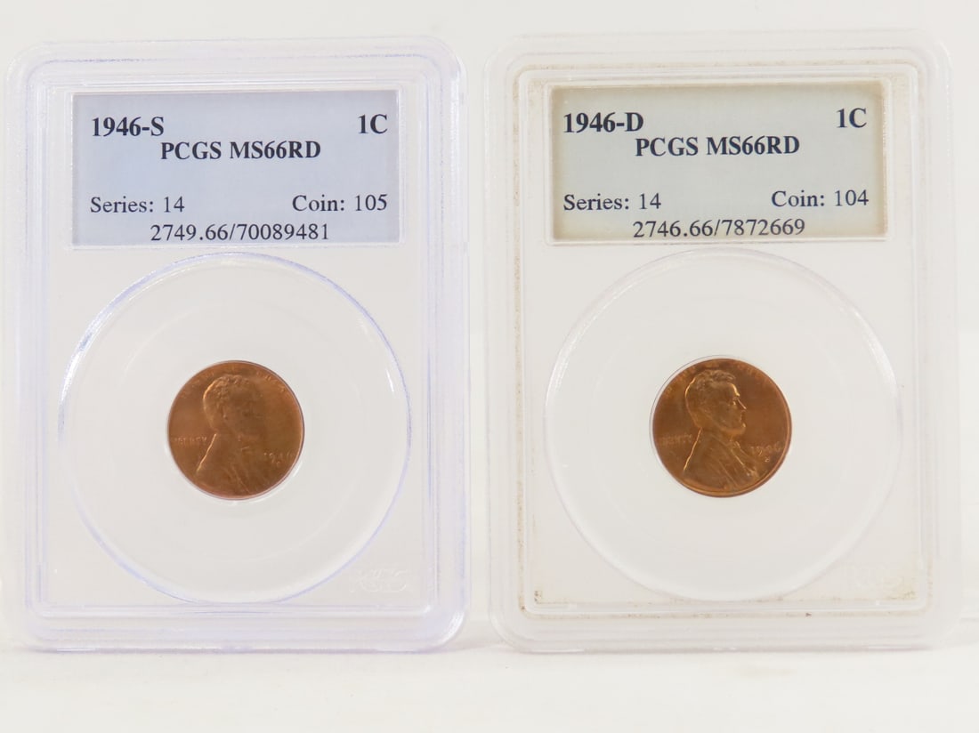 1946 S MS66RD & D MS66RD Lincoln Head Wheat Cents: 1946 S MS66RD & D MS66RD Lincoln Head Wheat Cents - Series 14 Coin 104 & 105 Both PCGS Graded. Lot Size 4x3x1" 1 LB All information and photos are intended to be as accurate as possible, but errors