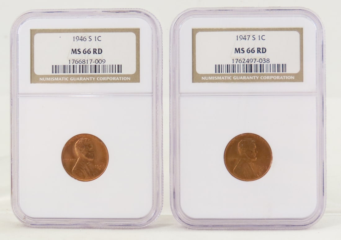 1946 S & 1947 S Lincoln Head Wheat Cents- MS66RD: 1946 S & 1947 S Lincoln Head Wheat Cents- MS66RD - Both NGC Graded. Lot Size 4x3x1" 1 LB All information and photos are intended to be as accurate as possible, but errors are possible. No item may be