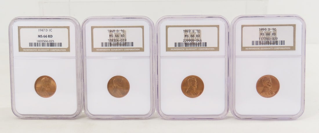 4 NGC MS66RD Lincoln Wheat Cents 1947-1950: 4 NGC MS66RD Lincoln Wheat Cents 1947-1950 - 1947 D MS66RD, 1948 D MS66RD, 1949 S MS66RD, 1950 D MS66RD, all NGC Graded. Lot Size 4x3x2" 1 LB All information and photos are intended to be as accurate