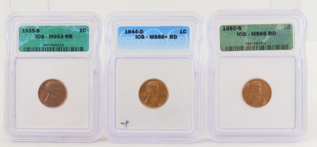 3 ICG Graded Lincoln Wheat Cents 1935-1950: 3 ICG Graded Lincoln Wheat Cents 1935-1950 - 1935 S MS63RB, 1944 D MS66+ RD, 1950 S MS66RD. Lot Size 4x3x2" 1 LB All information and photos are intended to be as accurate as possible, but errors are