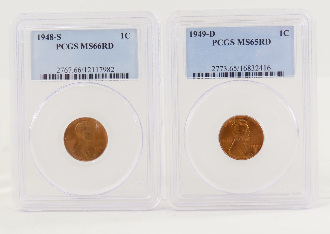 1948 S MS66RD & 1949 D MS65RD Lincoln Wheat Cents: 1948 S MS66RD & 1949 D MS65RD Lincoln Wheat Cents - Both PCGS Graded. Lot Size 4x3x1" 1 LB All information and photos are intended to be as accurate as possible, but errors are possible. No item may