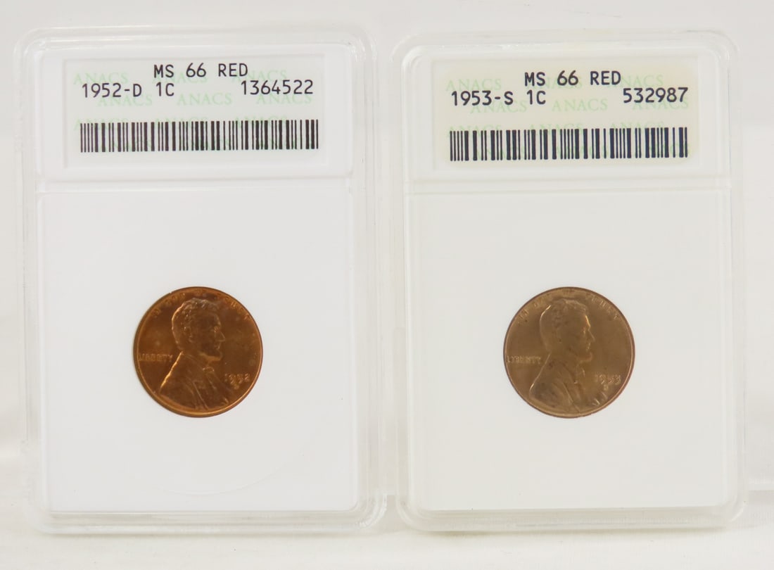 1952 D MS66RD & 1953 S MS66RD Lincoln Wheat Cents: 1952 D MS66RD & 1953 S MS66RD Lincoln Wheat Cents - Both ANACS Graded. Lot Size 4x3x1" 1 LB All information and photos are intended to be as accurate as possible, but errors are possible. No item may