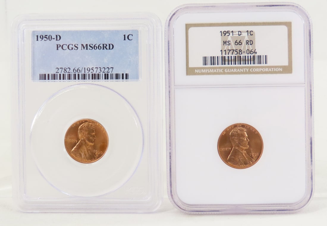 1950 D PCGS MS66RD & 1951 D NGC MS66RD Cents: 1950 D PCGS MS66RD & 1951 D NGC MS66RD Cents - Lot Size 4x3x2" 1 LB All information and photos are intended to be as accurate as possible, but errors are possible. No item may be returned or refused