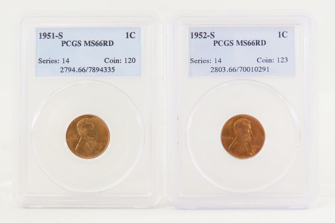 1951 S MS66RD & 1952 S MS66RD Lincoln Wheat Cents: 1951 S MS66RD & 1952 S MS66RD Lincoln Wheat Cents - Both PCGS Graded. Lot Size 4x3x1" 1 LB All information and photos are intended to be as accurate as possible, but errors are possible. No item may