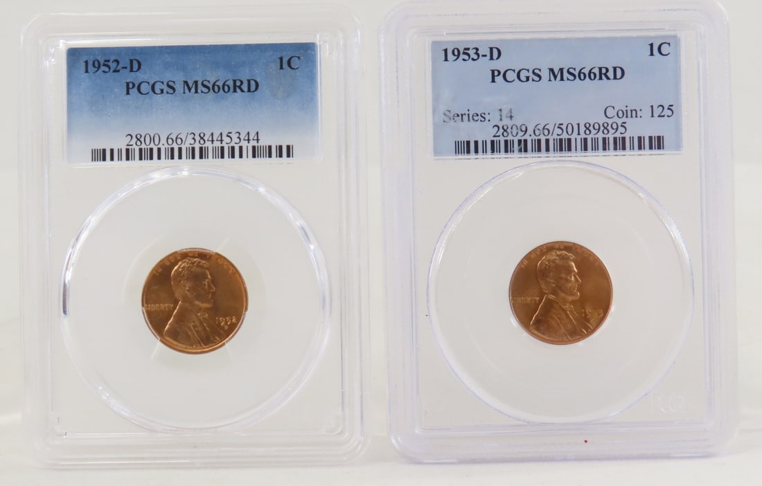 1952 D MS66RD & 1953 D MS66RD Lincoln Wheat Cents: 1952 D MS66RD & 1953 D MS66RD Lincoln Wheat Cents - Both PCGS Graded. Lot Size 4x3x1" 1 LB All information and photos are intended to be as accurate as possible, but errors are possible. No item may