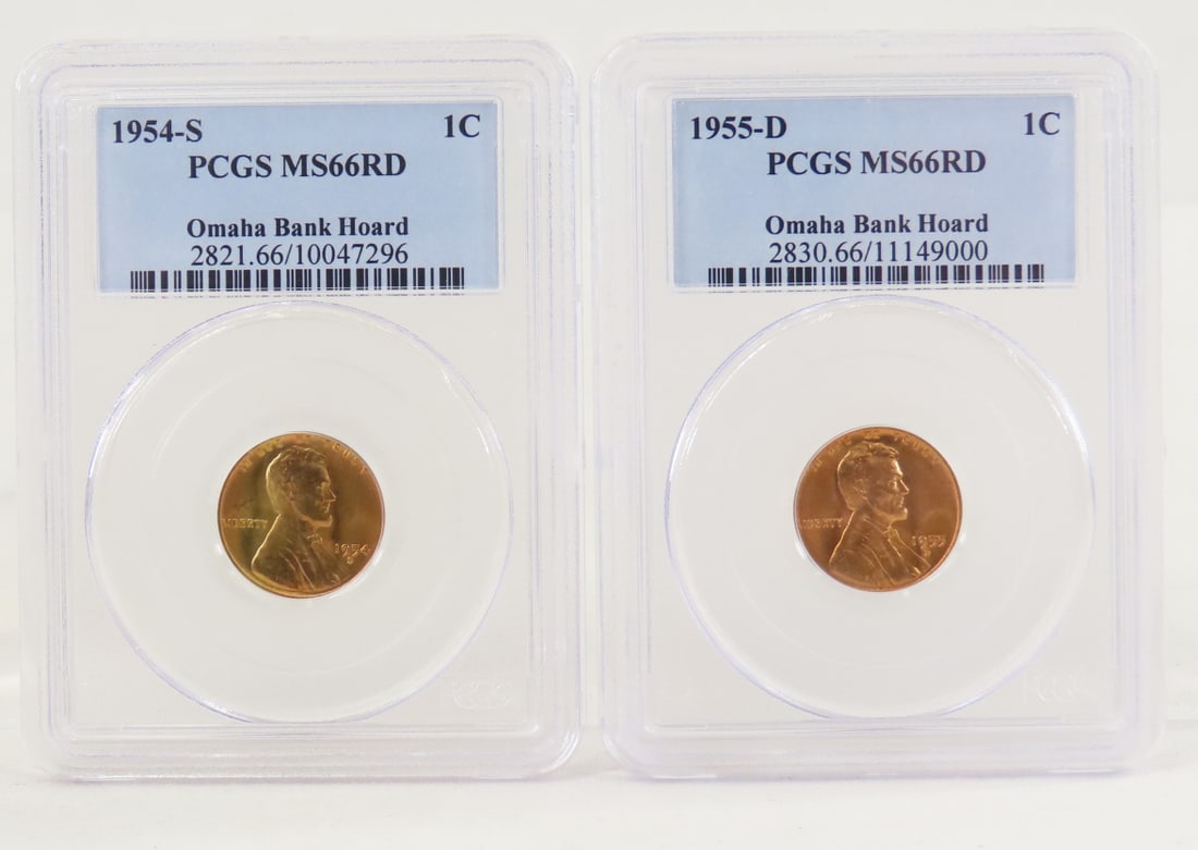 1954 S MS66RD & 1955 D MS66RD Lincoln Wheat Cents: 1954 S MS66RD & 1955 D MS66RD Lincoln Wheat Cents - Both Omaha Bank Hoard PCGS Graded. Lot Size 4x3x1" 1 LB All information and photos are intended to be as accurate as possible, but errors are