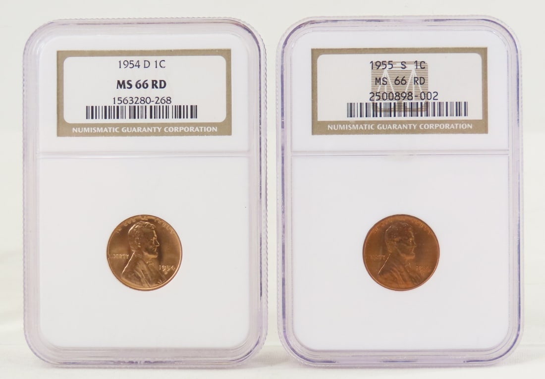 1954 D MS66RD & 1955 S MS66RD Lincoln Wheat Cents: 1954 D MS66RD & 1955 S MS66RD Lincoln Wheat Cents - Both NGC Graded. Lot Size 4x3x1" 1 LB All information and photos are intended to be as accurate as possible, but errors are possible. No item may
