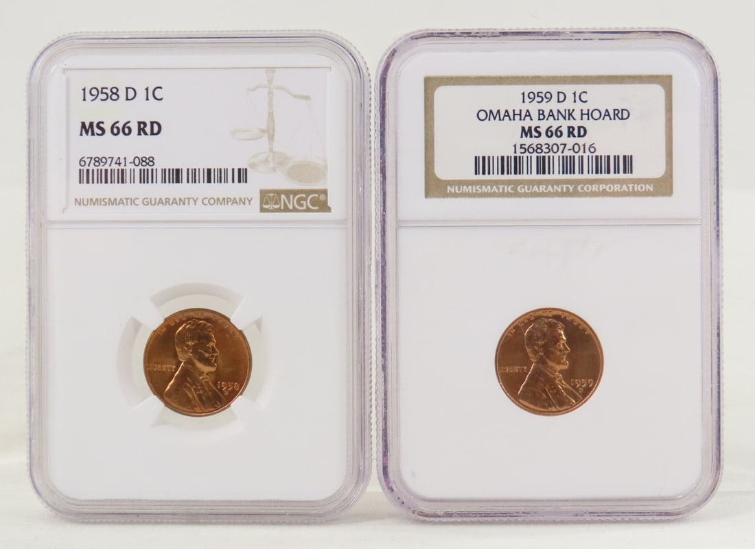 1958 D MS66RD & 1959 D MS66RD Lincoln Wheat Cents: 1958 D MS66RD & 1959 D MS66RD Lincoln Wheat Cents - Both NGC Graded, 1959 D Omaha Bank Hoard. Lot Size 4x3x1" 1 LB All information and photos are intended to be as accurate as possible, but errors