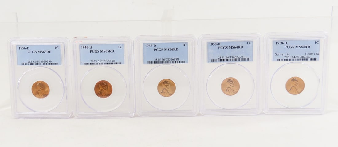 5 PCGS Graded Lincoln Wheat Cents 1956-1958: 5 PCGS Graded Lincoln Wheat Cents 1956-1958 - 1956 D PCGS MS66RD, 1956 D PCGS MS65RD, 1957 D PCGS MS66RD, 1958 D PCGS MS64RD, 1958 D PCGS MS64RD. Lot Size 4x3x2" 1 LB All information and photos are