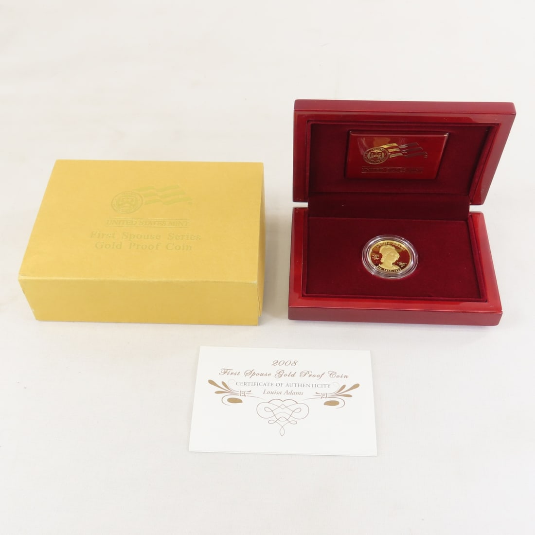 2008 W Louisa Adams 1/2 ozt Gold Proof Coin: 2008 W Louisa Adams 1/2 ozt Gold Proof Coin - With Box and paperwork. Lot Size 6x4x2" 2 LB All information and photos are intended to be as accurate as possible, but errors are possible. No item may