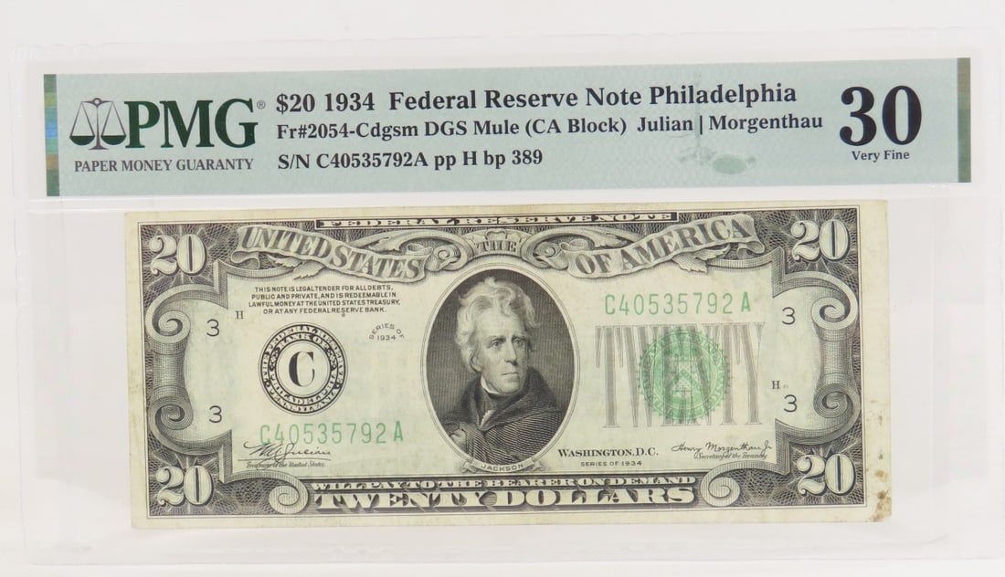 1934 $20 Fed Res Note Philadelphia PMG 30 VF: 1934 $20 Fed Res Note Philadelphia PMG 30 VF - Fr#2054-Cdgsm DGS Mule (CA Block) Julian | Morgenthau S/N C40535792A pp H bp 389. Lot Size 8x5" Padded Envelope 1 LB All information and photos are inten