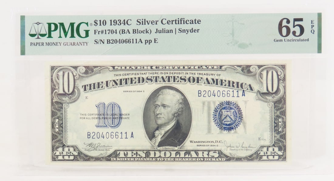 1934 C $10 Silver Certificate PMG 65 Gem Unc: 1934 C $10 Silver Certificate PMG 65 Gem Unc - Fr#1704 (BA Block) Julian | Snyder S/N B20406611A pp E. Lot Size 8x5" Padded Envelope 1 LB All information and photos are intended to be as accurate as p