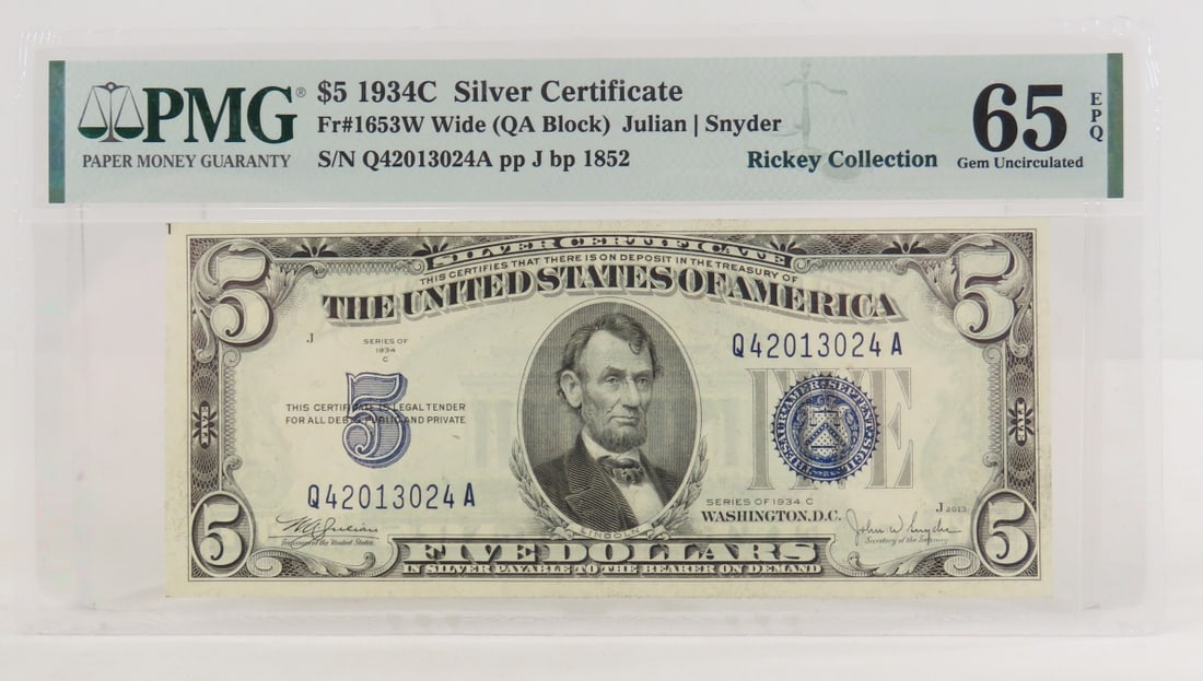 1934 C $5 Silver Certificate PMG 65 Gem Unc: 1934 C $5 Silver Certificate PMG 65 Gem Unc - Fr#1653W Wide (QA Block) Julian | Snyder S/N Q42013024A pp J bp 1852 Rickey Collection. Lot Size 8x5" Padded Envelope 1 LB All information and photos are 