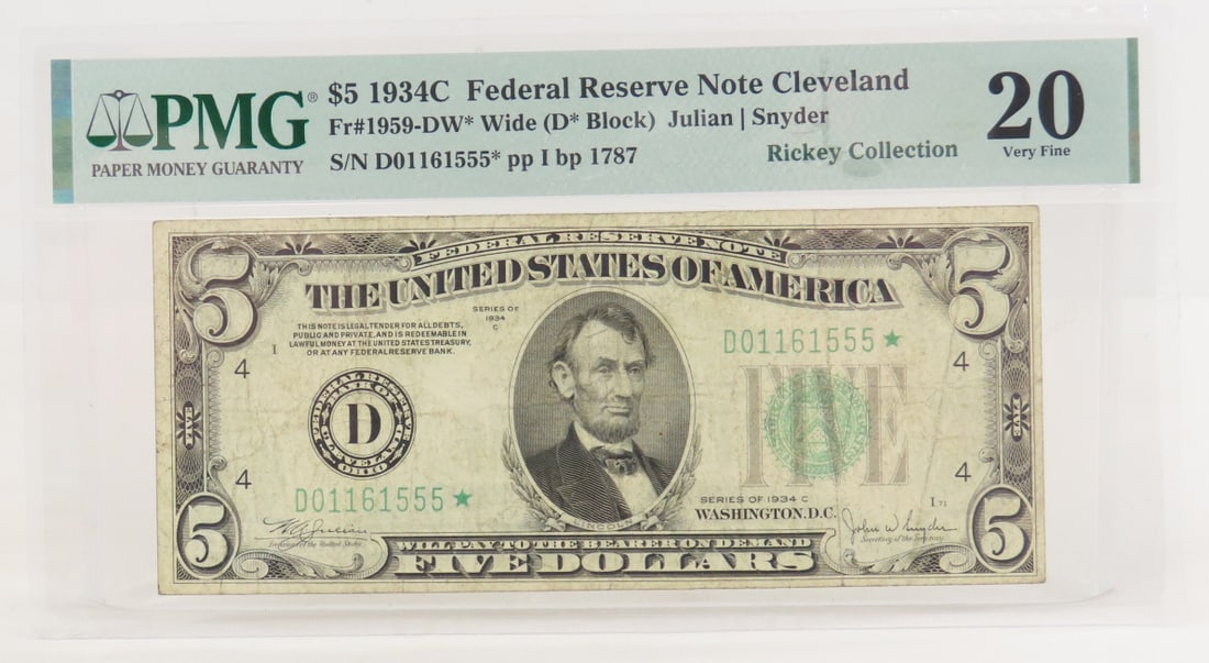1934 C $5 Silver Certificate Star Note PMG 20 VF: 1934 C $5 Silver Certificate Star Note PMG 20 VF - Fr#1959-DW* Wide (D* Block) Julian | Snyder S/N D01161555* pp I bp 1787 Rickey Collection. Lot Size 8x5" Padded Envelope 1 LB All information and