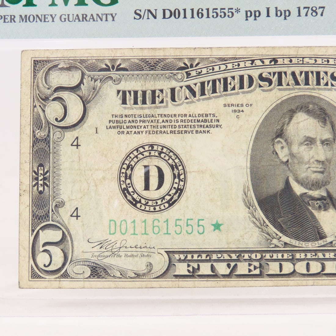 1934 C $5 Silver Certificate Star Note PMG 20 VF - 2
