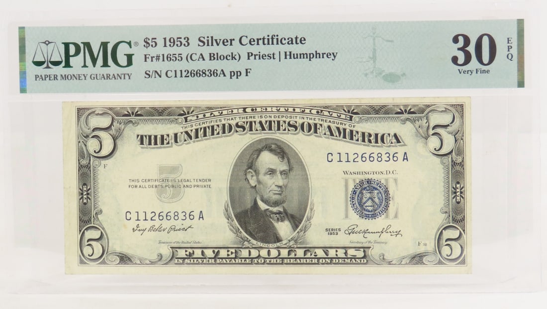 1953 $5 Silver Certificate PMG 30 Very Fine: 1953 $5 Silver Certificate PMG 30 Very Fine - Fr#1655 (CA Block) Priest | Humphrey S/N C11266836A pp F Lot Size 8x5" Padded Envelope 1 LB All information and photos are intended to be as accurate as p