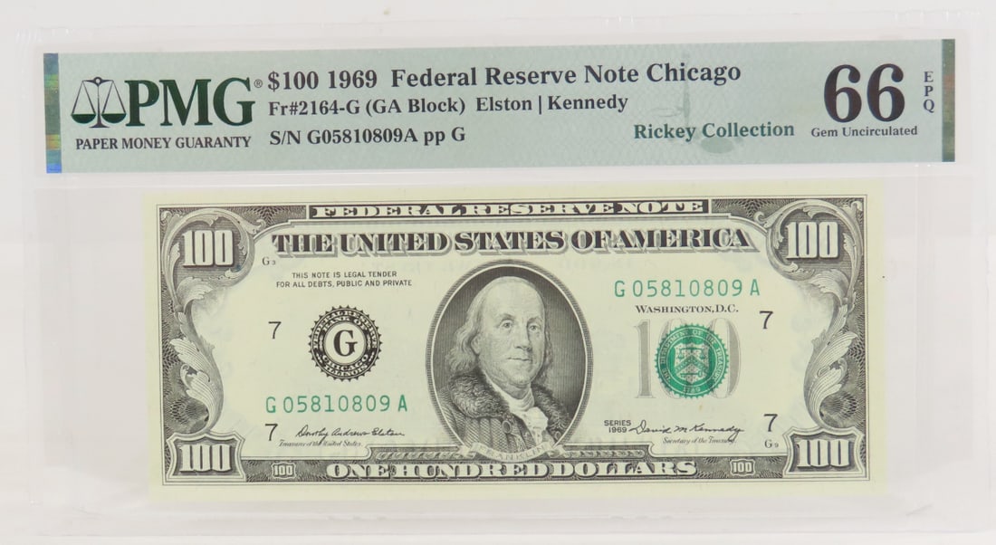 1969 $100 Fed Res Note Chicago PMG 66 Gem Unc: 1969 $100 Fed Res Note Chicago PMG 66 Gem Unc - Fr#2164-G (GA Block) Elston | Kennedy S/N G05810809A pp G Rickey Collection. Lot Size 8x5" Padded Envelope 1 LB All information and photos are intended 