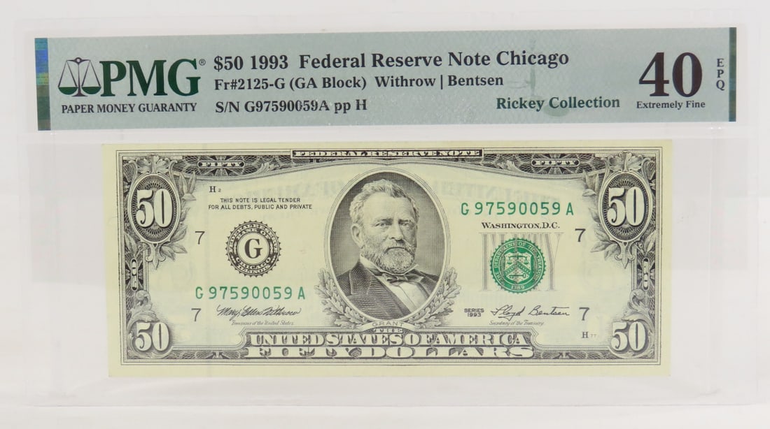 1993 $50 Fed Res Note Chicago PMG 40 EF: 1993 $50 Fed Res Note Chicago PMG 40 EF - Fr#2125-G (GA Block) Withrow | Bentsen S/N G97590059A pp H Rickey Collection. Lot Size 8x5" Padded Envelope 1 LB All information and photos are intended to be