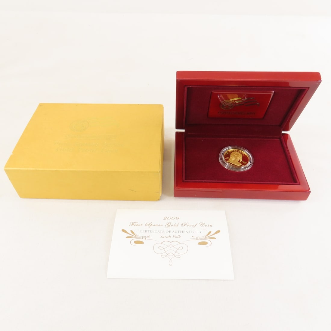 2009 W Sarah Polk 1/2 ozt Gold Proof Coin: 2009 W Sarah Polk 1/2 ozt Gold Proof Coin - With Box and paperwork. Lot Size 6x4x2" 2 LB All information and photos are intended to be as accurate as possible, but errors are possible. No item may be