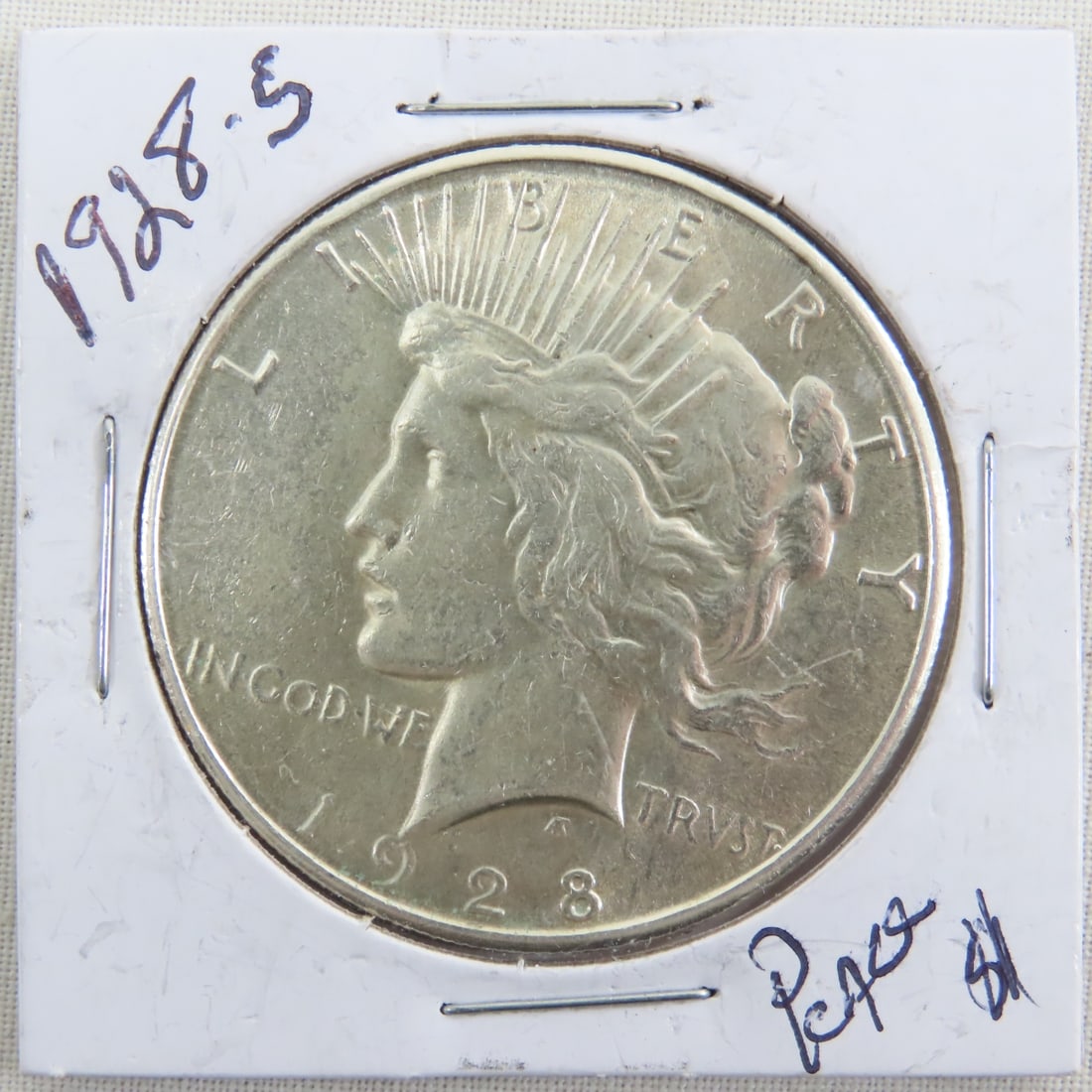 1928 S Peace Silver Dollar: 1928 S Peace Silver Dollar - Lot Size 2x2x2" 1 LB All information and photos are intended to be as accurate as possible, but errors are possible. No item may be returned or refused based on this infor