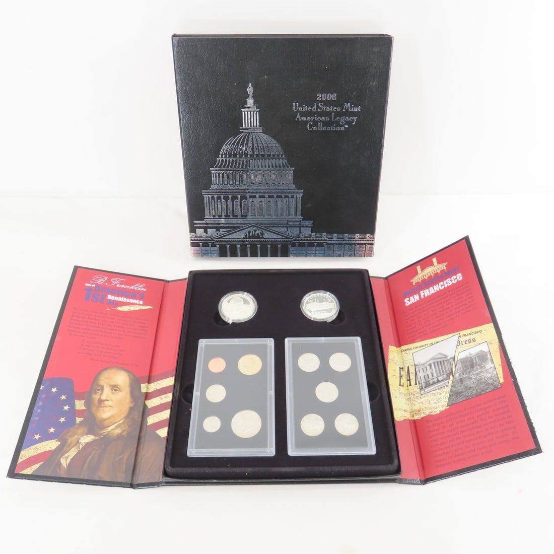 2006 US Mint American Legacy Collection: 2006 US Mint American Legacy Collection - 10 standard proof coins from 2006 along with the Benjamin Franklin Tercentenary and the San Francisco Mint Centennial commemorative Silver dollars in case. Lo