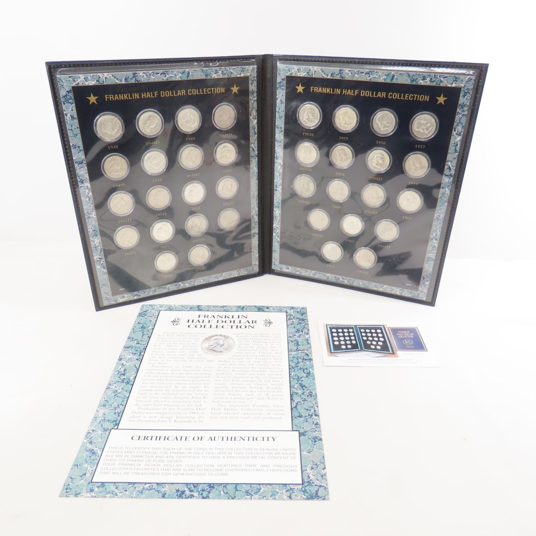 Complete Franklin Silver Half Dollar Collection: Complete Franklin Silver Half Dollar Collection - Full set of 35 Coins encapsulated in portfolio. Lot Size 14x12x1" $ LB All information and photos are intended to be as accurate as possible, but