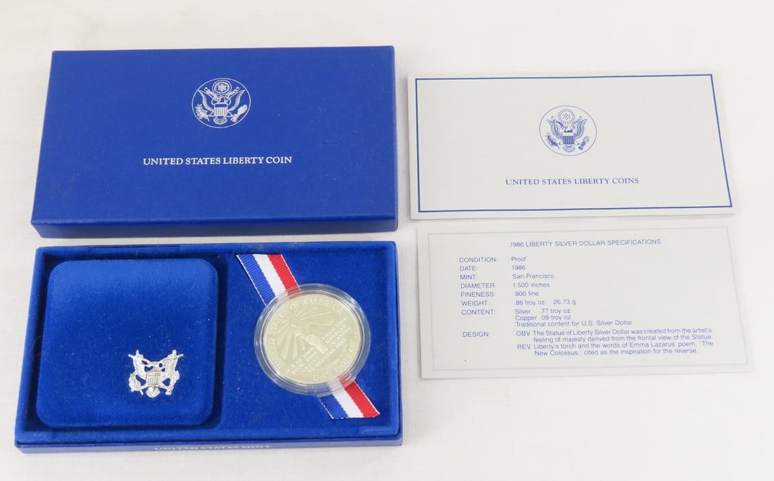 1986 S Liberty Silver Dollar Proof: 1986 S Liberty Silver Dollar Proof - with box and papers. Lot Size 6x4x1" 1 LB All information and photos are intended to be as accurate as possible, but errors are possible. No item may be returned o