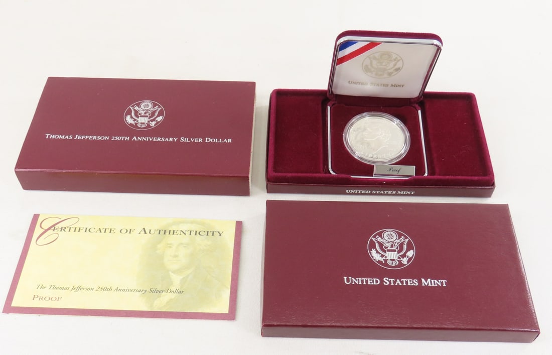 1993 Thomas Jefferson 250th Silver Dollar Proof: 1993 Thomas Jefferson 250th Silver Dollar Proof - with box and papers. Lot Size 4x3x1" 1 LB All information and photos are intended to be as accurate as possible, but errors are possible. No item may