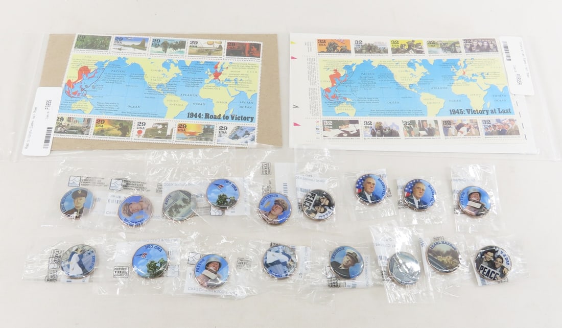 17 Colorized Kennedy Half Dollars & US Stamps: 17 Colorized Kennedy Half Dollars & US Stamps - Colorized coins include D Day, Pearl Harbor, Patton, Roosevelt, VE Day, and more. 2 unused US Stamp sheets. 10 29 cent stamps & 10 32 cent stamps. Lot S