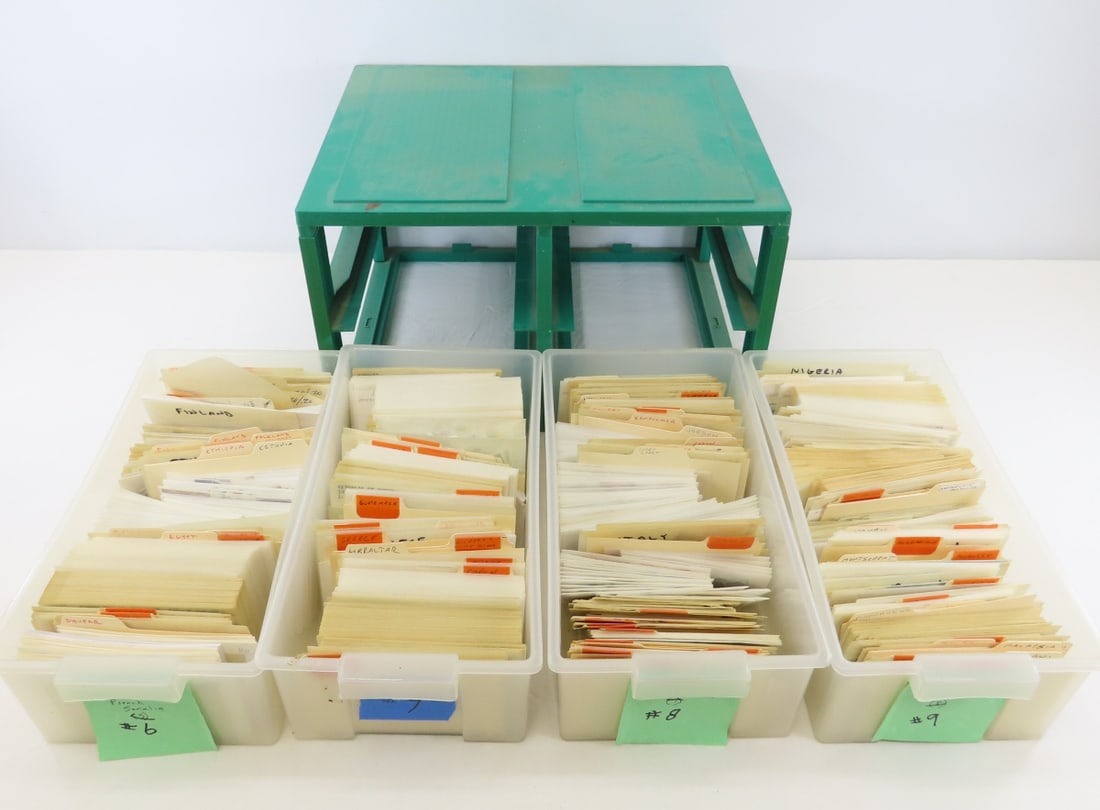 World Stamp Collection Denmark - Palestine: World Stamp Collection Denmark - Palestine - 4 Drawers full, can be shipped with or without drawers & cabinet.. Drawer 1 - Denmark - French Somalia - in glassine envelopes - Some identified, Drawer 2