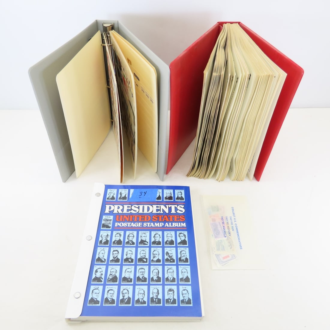 US Stamps, Albums, Plate Blocks & More: US Stamps, Albums, Plate Blocks & More - Presidents US Postage Stamp Album, Red All American Stamp Album, 7 stock Sheets some identified, US Mint Plate Blocks & Revenue / Certificate Stamps. LOT