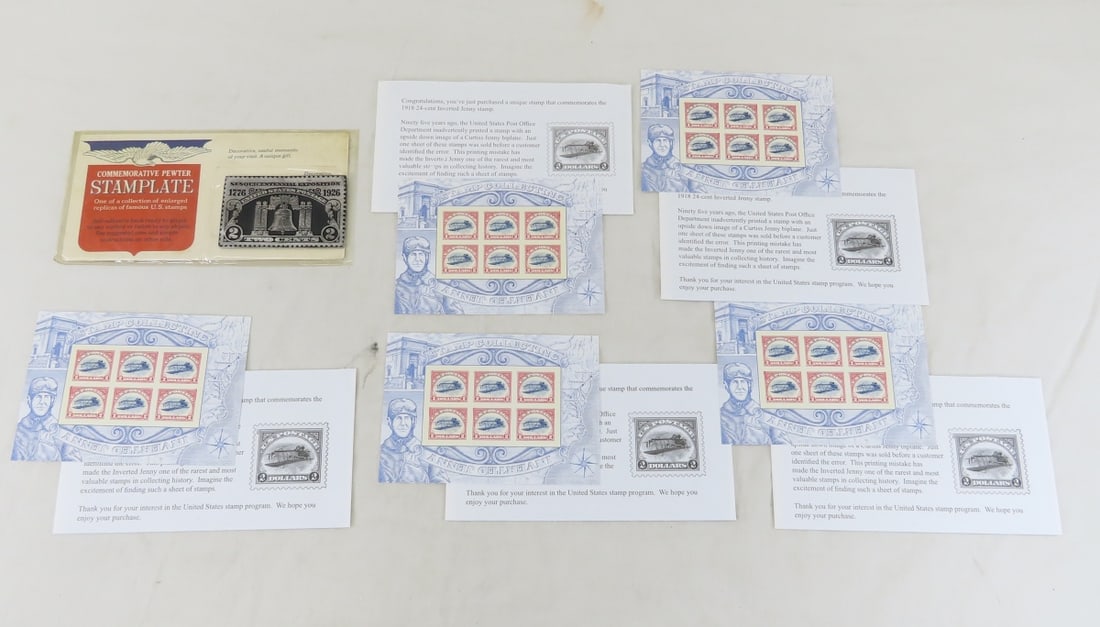 5 Sets Commemorative Inverted Jenny Stamp Sheets: 5 Sets Commemorative Inverted Jenny Stamp Sheets - LOT SIZE: 8x5x1", 1 LB All information and photos are intended to be as accurate as possible, but errors are possible. No item may be returned or