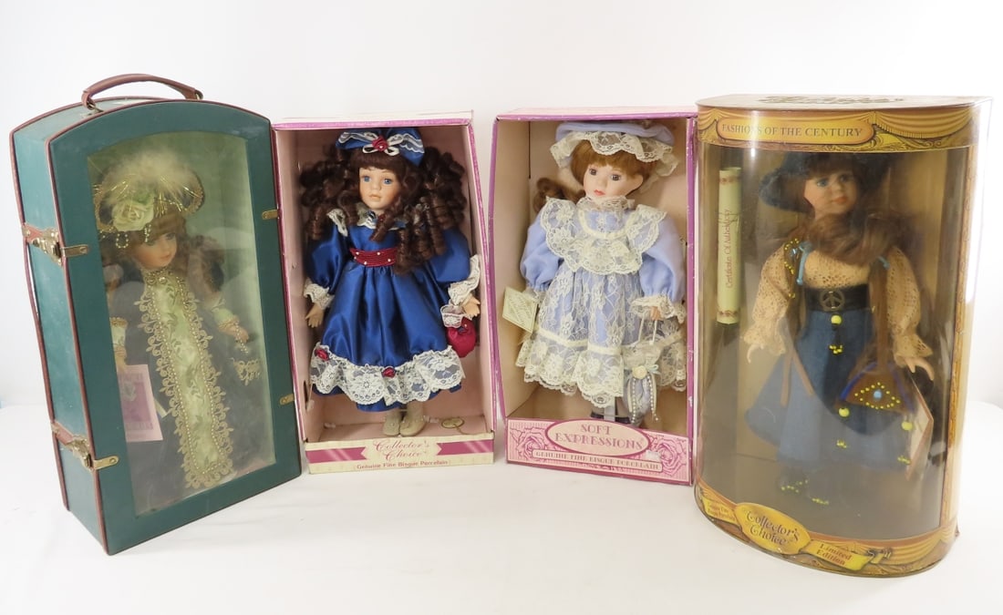 4 Vintage DanDee Porcelain LE Collector Dolls: 4 Vintage DanDee Porcelain LE Collector Dolls - dolls are 17", 1 in trunk, 1 in plastic box, 2 in boxes with no lids. LOT SIE: 222x20x12", 15 LBS All information and photos are intended to be as accur