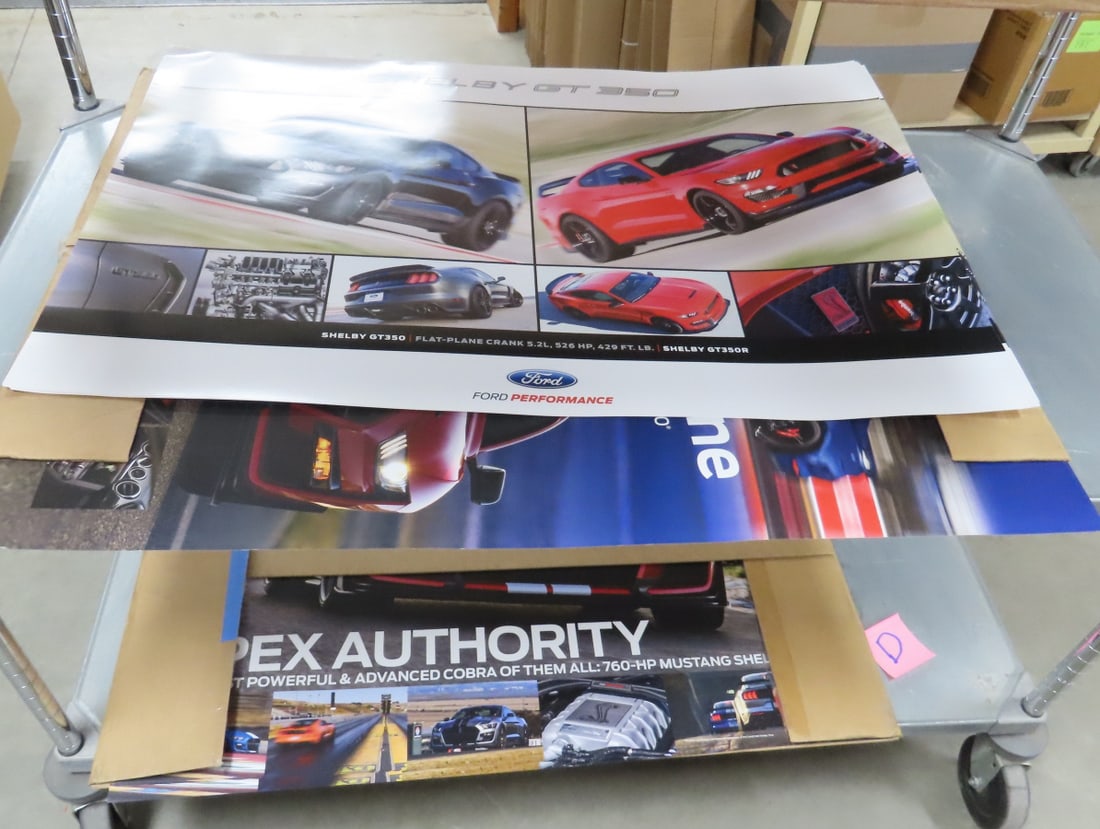 20 Shelby GT 350 Dealer Promo Posters: 20 Shelby GT 350 Dealer Promo Posters - 11 (poster B) Shelby GT 350/GT 350R. and 9 (C 2 sided) Hitting the Line HP-760 Mustang Shelby GT-500/Power on Parade. All 24x36", rolled in tube Lot size: