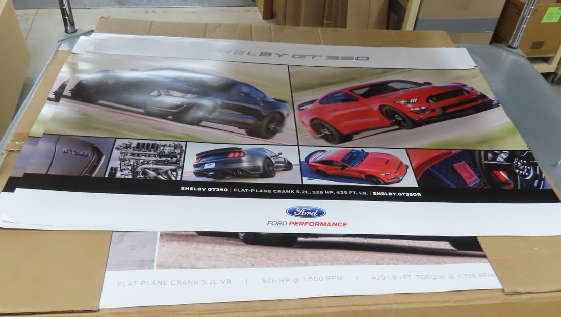 20 Shelby GT 350 Dealer Promo Posters: 20 Shelby GT 350 Dealer Promo Posters - 14 (poster A) 2019 Shelby GT 350. and 6 (poster B) Shelby GT 350/GT 350R. All 24x36", rolled in tube Lot size: 26x8x8", 8 LBS All information and photos are