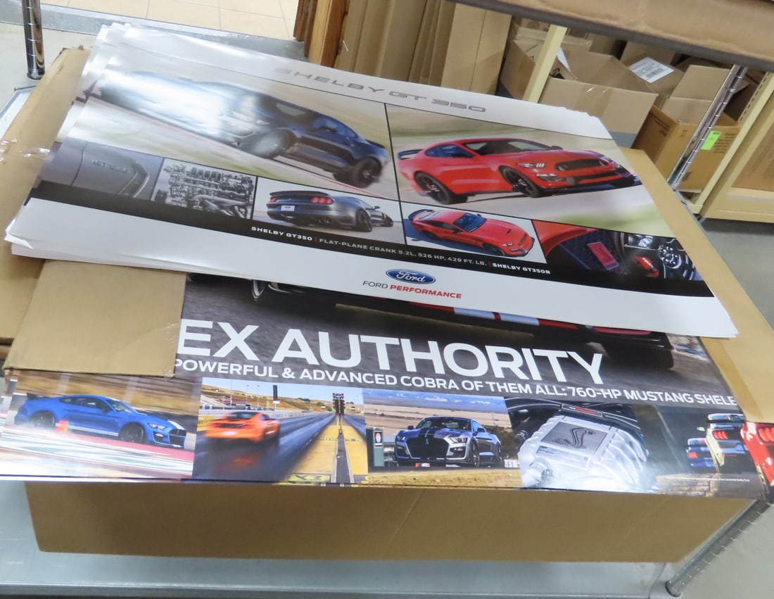 20 Shelby GT 350 Dealer Promo Posters: 20 Shelby GT 350 Dealer Promo Posters - 12 (poster B) Shelby GT 350/GT 350R and 8 (poster D) Apex Authority Shelby GT350. All 24x36", rolled in tube Lot size: 26x8x8", 8 LBS All information and