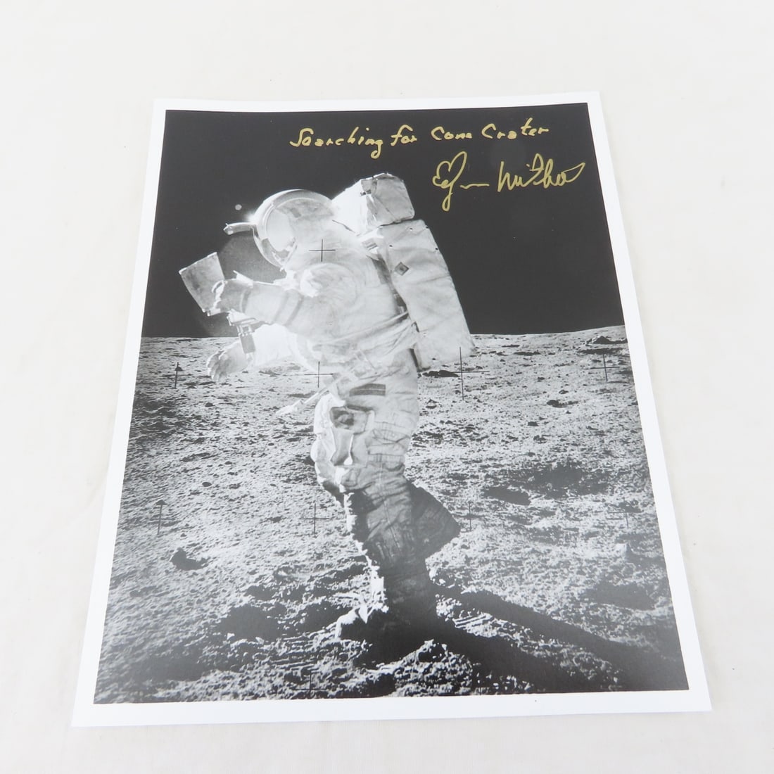 Edgar Mitchell Apollo 14 Autographed Photo: Edgar Mitchell Apollo 14 Autographed Photo - Mitchell was 6th man to walk on the moon. black and white 8x10" "searching for cone crater" signed photo. Reprint of 19171 photo with original signature,