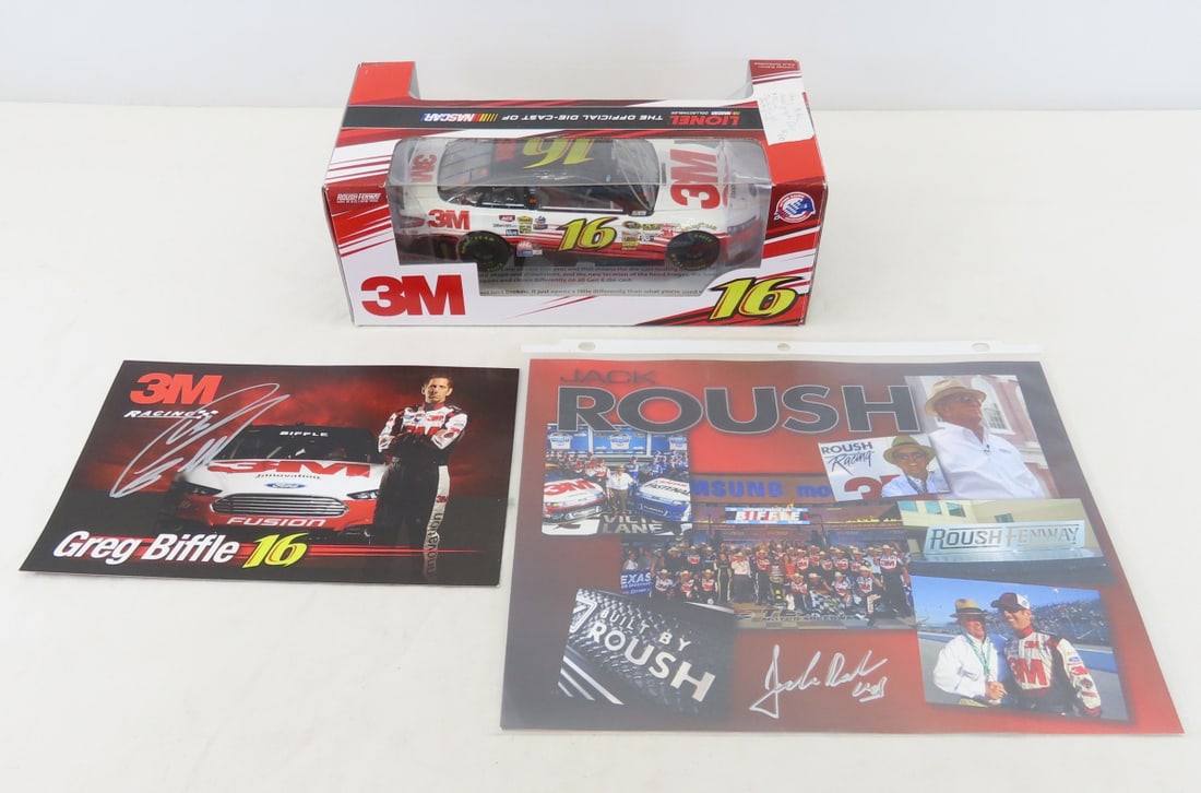 Autographed Greg Biffle 3M Car & Card & Jack Roush: Autographed Greg Biffle 3M Car & Card & Jack Roush - Jack Roush autographed 8x10", Greg Biffle autographed 1/24 Diecast NASCAR 3M #16 Ford Fusion Car w/ Orig. Box and card. LOT SIZE: 12x8x6" 2 LBS All