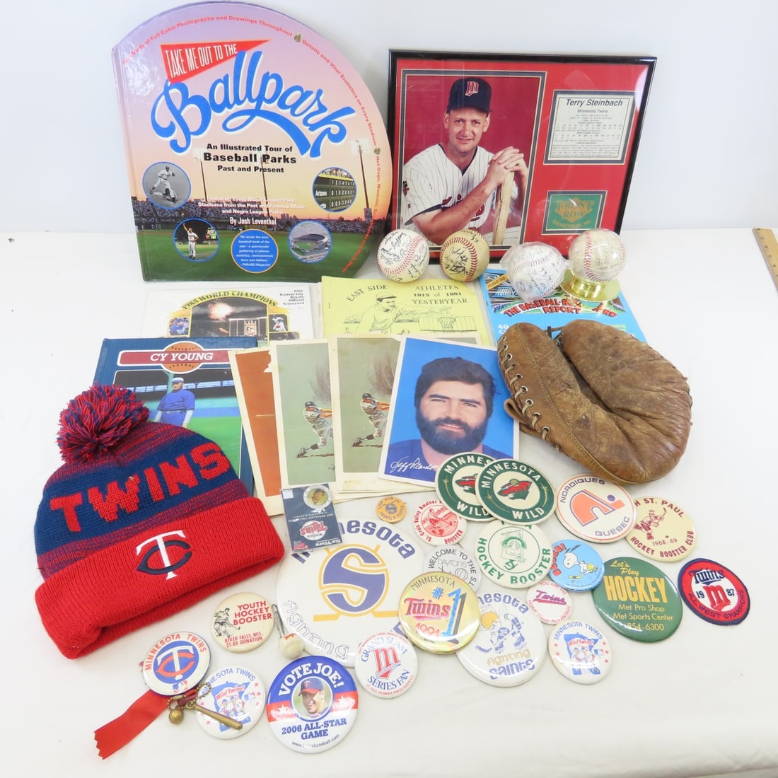 Terry Steinbach, MN Twins & Sport Collectibles: Terry Steinbach, MN Twins & Sport Collectibles - Terry Steinbach signed 1985 Kansas City Royals World Champions scorecard- unscored, Steinbach 11x14" framed photo collage, 1983 Renata Galasso "The Bas